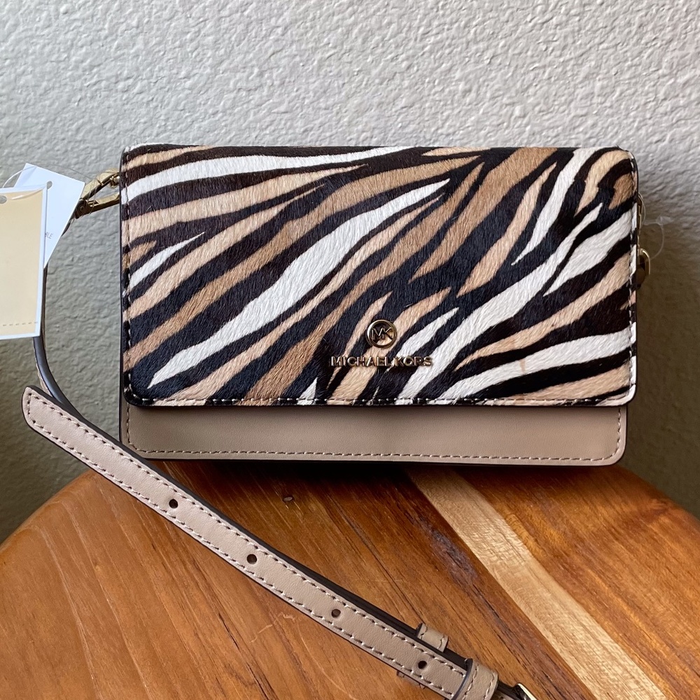 Michael Kors Beige Zebra-Print Crossbody Wallet